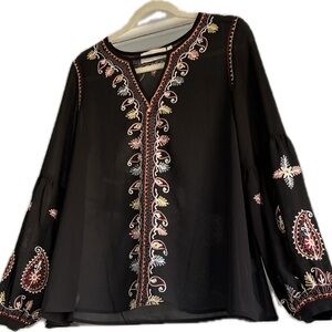 Love Sam Women’s Small Black Embroidered Sheer Tunic Top Boho Blouse Whimsical